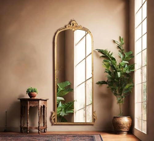 Image of Full Length Mirror with Ornate Frame Tall Standing Floor Mirror for Bedroom, Dressing Room & Living Room (Glam Gold (Without Stand))