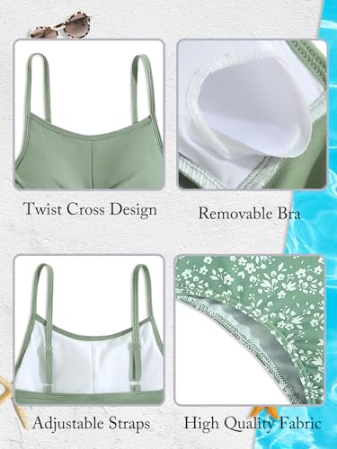 Image of Girls Swimsuits 2 Piece Bathing Suit Tropical Floral Swimwear 7-16 Years Beach Sport Halter Tankini