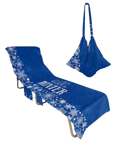 Winter Snowflake Beach Chair Towel Covers for Chaise Lounge with Side Pocket, Soft Plush Pool Towels Cover for Patio Sunbathing Outdoor 29''x85'' Christmas Holiday Blue White