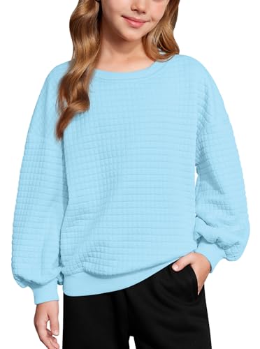 Girls Winter Oversized Waffle Knit Crewneck Sweatshirt, Puff Long Sleeve Drop Shoulder Elastic Cuffs Pullover, Ages 6-14