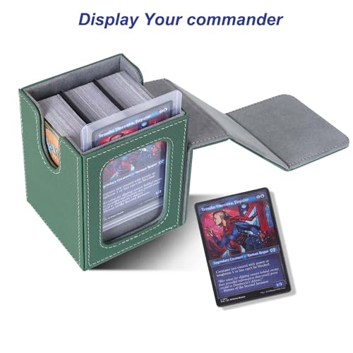 Image of AFIING MTG Deck Box for Commander Display,Card Deck Box Fits 100 Double Sleeved Cards, Magic Commander TCG Card Storage case with 2 Dividers,Dice Bag and 1 Toploader(Green /Grey)