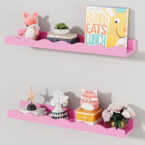 Image of Floating Nursery Book Shelves Set of 2 Modern Wood Storage Shelves for Wall Decor, Books, Toys, Photo Frames, Picture Ledge-Pink