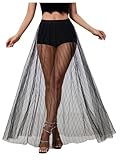 Milumia Women's Sheer Mesh Skirt See Through A Line High Waist Maxi Skirt Black Striped Large