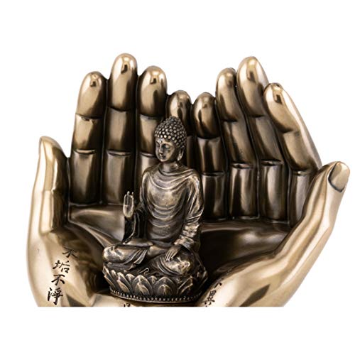 Estatua Shakyamuni en palma de bronce 5.75 pulgadas miniatura 5