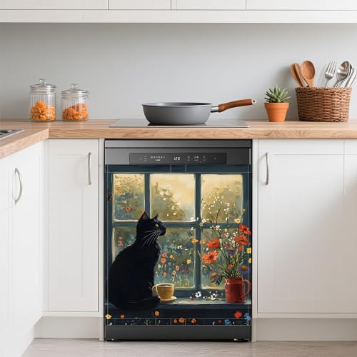 Image of Black Cat Dishwasher Magnets Decorative Cover,Vintage Flowers Waterproof Magnetic Dishwasher Cover Panel,Refrigerator Magnet Cover for Kitchen Home Decor 23x26 Inch