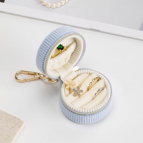 Ring Box & Holder with Keychain, Mini Velvet Jewelry Travel Case, Small Organizer for Earrings Necklaces, Engagement Wedding Couples Gift for Women Bride (Blue) - Image 4