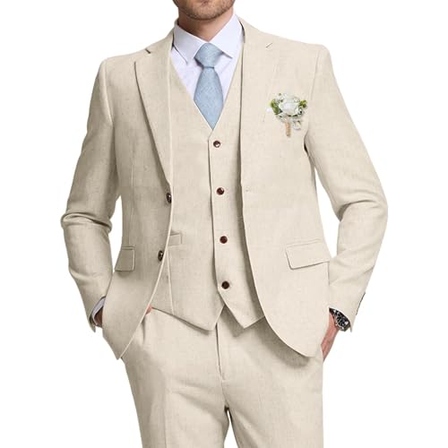 High-End Suits Retro Linen Suit for Men Casual Wedding Suit for Men Slim Fit 3 Pieces Jacket Blazer Vest Pant Groom Tuxedo