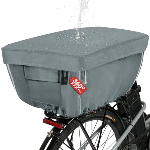 KGGHNG 自転車カゴカバー 後ろ 防水 2段式 撥水加工 厚手600D 360°開閉可能 大型 反射帯/前ポケット付き 取り付け簡単 雨よけ ひったくり防止 通勤通学 電動アシスト自転車対応 (グレー)