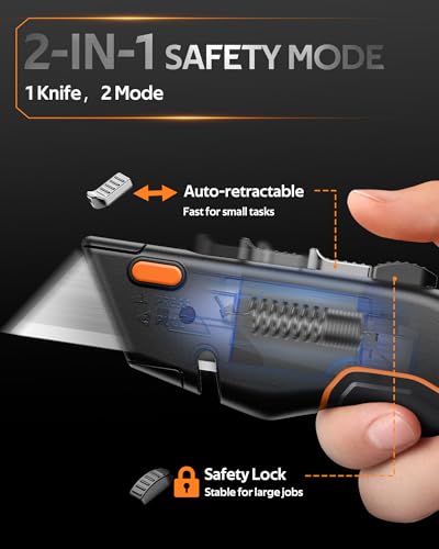 Image of VOTREK 2-Pack Box Cutter Utility Knife, [2-in-1] Retractable Box Cutter, Heavy Duty Safety Sharp Razor Knife for Home & Warehouse Cardboard, Carpet, [Blade Storage], with Extra Razor & Hook Blades