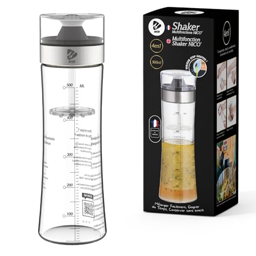 NICO Shaker à Vinaigrette | Mélangeur à Sauce Professionnel en Verre Gradué 500 ML | Garantie à Vie | Bec Verseur Stop Gouttes &amp; Couvercle étanche Anti Fuite | Transparent &amp; Compatible Lave Vaisselle