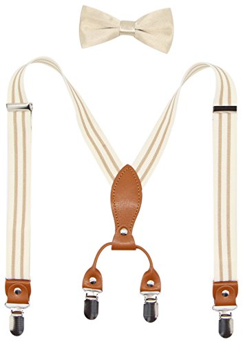 Suspenders & Bowtie Set For Kids And Baby - Adjustable Elastic X-Band Strong Braces (Beige Stripe) #TOP21