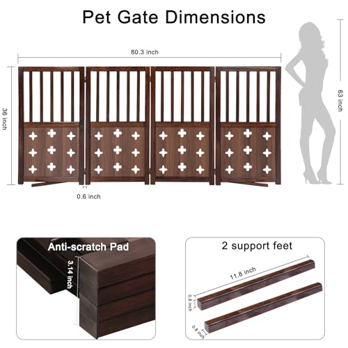 36\" Height Extra Tall Freestanding Pet Gate, 4-Panel Wooden Dog Fence with 2 Support Feet Folding Dog Gate for Indoor, Stairs, Doorway, Halls, Kitchen Wooden Pet Barrier, 80.3\" W x 36\" H - Thumbnail 4