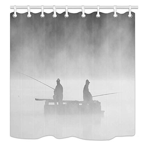 Nymb Fishing Shower Curtain, Nautical Fisherman On Rustic Wooden Plank Boat In Fog Waterproof Fabric Bathroom Accessories, Gray Lake Farmhouse For Men Bath Curtains Hooks Included, 71X71Inch #TOP2
