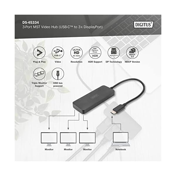 DIGITUS 3-Port USB-C Graphics Adapter - USB-C to 3X Display Port - 4k60Hz - Multi Stream Transport (MST) - Video Hub - Black - Image 5