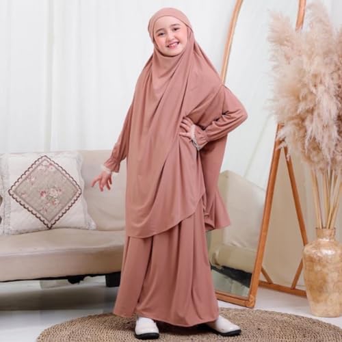 Image of Kids Girls Muslim Islamic Two-piece Outfits Lace Long Sleeve Hijab Dress Abaya and Loose Skirt Full Cover Kaftan