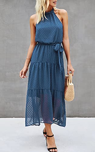 Image of PRETTYGARDEN Women's Halter Neck Floral Long Maxi Dress Casual Sleeveless Backless Dresses Loose Ruffle Sundress with Belt