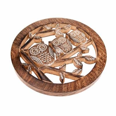Shared Earth Trivet Pan Stand Hand Carved Eco Mango Wood, Owls 20Cm