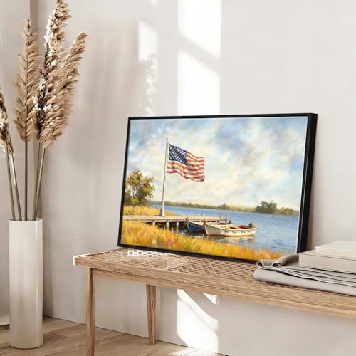 Image of American Flag Framed Canvas Wall Art, 4th of July Red White Blue Canvas Prints, USA Flag with Boat Patriotic Decorations, Vintage Independence Day Wall Decor for Bedroom Living Room 20x24