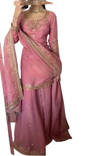 Haathkari Women's Pure Chinnon Silk Embroidered Kurti With Sharara & Dupatta Set