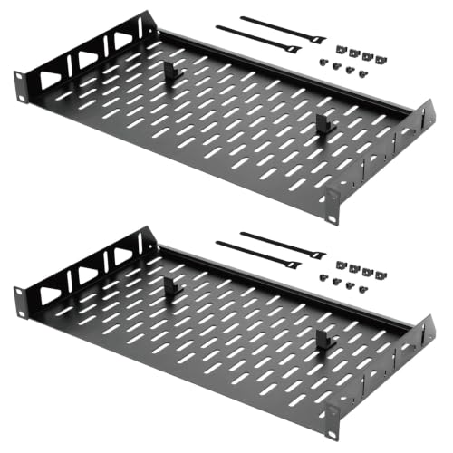 Tecmojo 19 Zoll 1HE 254mm Tief Fachboden zum Festeinbau, Befestigung Vorne, mit Anti-Rutsch-Stoppern, Server- und Netzwerk-Rack-Regal, 25kg Traglast, 2 Stück, Schwarz