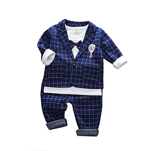 Mummamia Boys 3Pc Checks Suit Set with Plain T-Shirt & Attached Bowtie - Navy