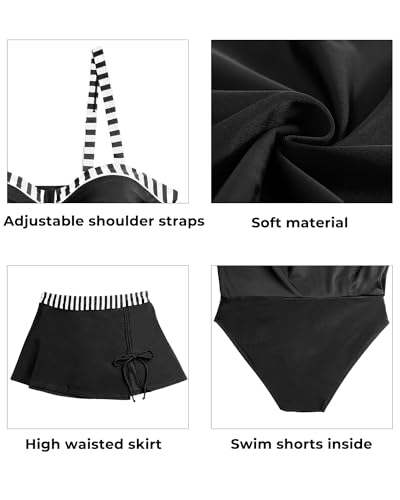 Yonique Womens Underwire Tankini Swimsuits with Skirt Two Piece Bathing Suits Tummy Control Swimwear Black White Stripe L - Image 5