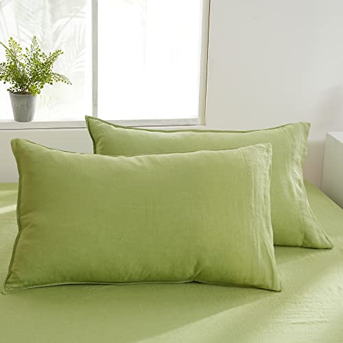 S VICTORY SYMBOL 100% Organic Linen Pillowcases Set of 2 King Size 20"x40",French Natural Washed Flax Lime Green Pillow Cases,Solid Color Basic Style Pillow Covers