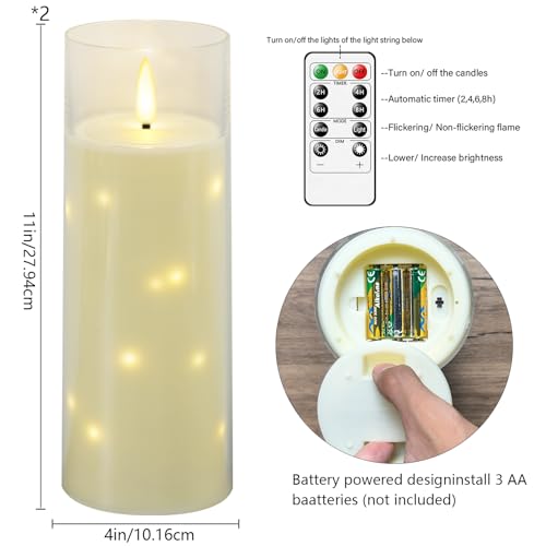 Image of kakoya 11 inch x 4 inch Large Outdoor Waterproof Flameless LED Candles with Remote and Timer,Acrylic Pillar Candles Battery Operated with Embedded Star String for Porch,Patio,Outdoor Decor,Set of 2(Ivory)