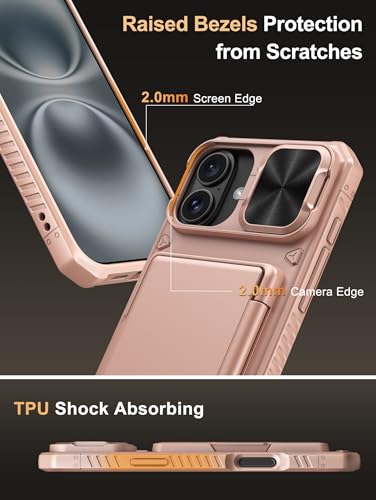 Image of Vihibii for iPhone 16 Plus Case Wallet with Card Holder (4 Cards) [RFID Blocking] & Slide Camera Cover, Military Grade Drop Protection, Rugged Back & Silicone Edge Phone Cover, 6.7 inch 2024, Rose Gold