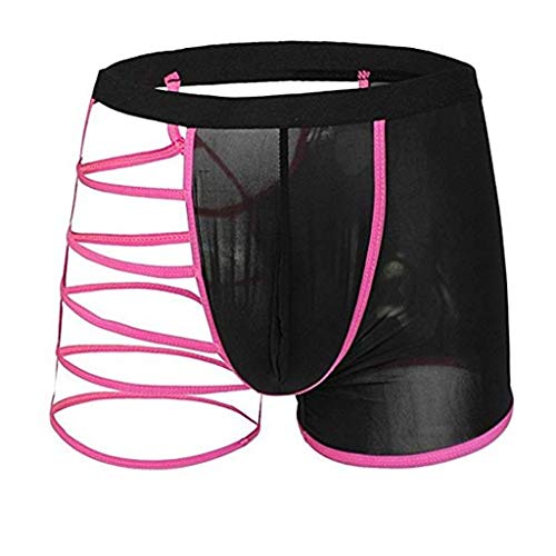 YiZYiF Men's Hollowed Straps One Side Mesh Boxer Briefs Underwear Hot Pink