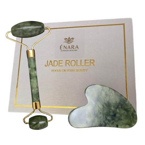 Énara Jade Roller and Gua Sha Set – Facial Massage Tools for Radiant Skin – Dark Green Natural Stone – Skincare Gift for Women and Men – Comes in Magnetic Gift Box