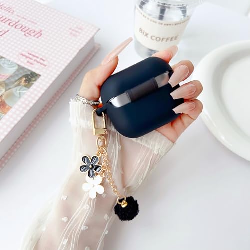 Cute Black Case for Samsung Galaxy Buds 3/3 Pro/3 FE Cover for Girl Women with Pom pom Flower Keychain & Cleaner Pen, Soft Silicone Galaxy Bud Pro 3/Buds3/Bud 3 FE Protective Cover Skin by OTOPO - Used condition - Image 3