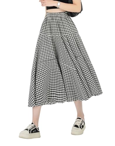 Womens 2024 Summer Plaid Midi Skirt High Waist A-Line Elastic Waist Pleated Swing Flowy Long Skirts