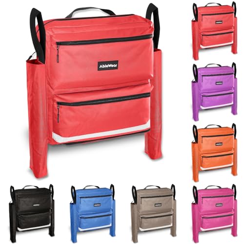 AbleWear Sac pour fauteuil roulant avec poches pour béquilles - Rouge | Accessoire pour fauteuil roulant | Sac de rangement extensible pour fauteuil roulant | Sac de courses pour fauteuil roulant pour