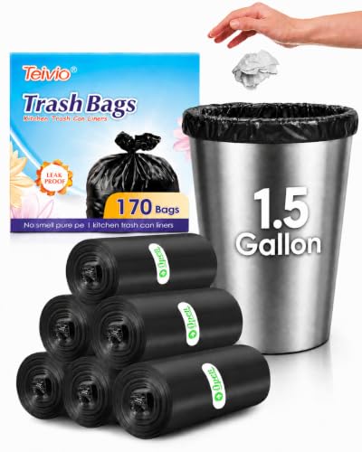 Teivio 1.5 Gallon(Fit 1.5-1.6 Gal)170 Counts Strong Trash Bags 1.5 Gallon 1.6 Gallon Garbage Bags, Bathroom Trash Can Bin Liners, Small Plastic Bags for home office kitchen, Black