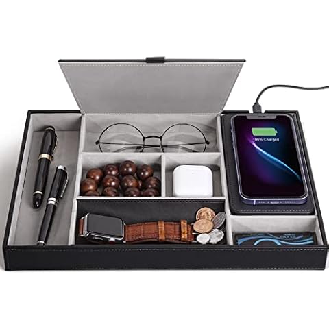 wireless future charger Valet Tray, Nightstand Organizer Charging Station, Leather Desk Drawer Organizer Tray with 7 Compartments for Jewelries, Watch, Key, Wallet, Phone, Black Cover