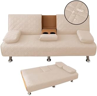 4 Pieces Click Clack Sofa Bed Cover 3 Seater, Quilted Convertible Folding Cover with 2 Removable Armrests and 1 Holders Covers (Khaki)