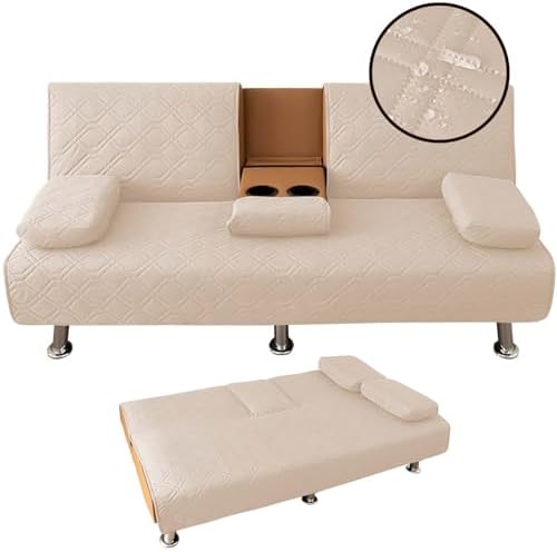 4 Pieces Click Clack Sofa Bed Cover 3 Seater, Quilted Convertible Folding Cover with 2 Removable Armrests and 1 Holders Covers (Khaki)