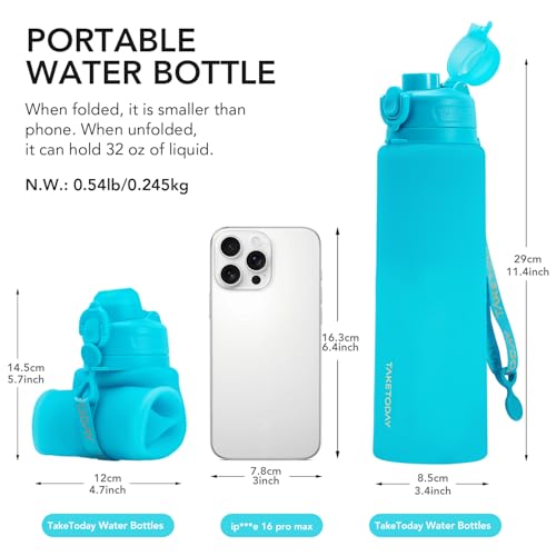 TakeToday Collapsible Water Bottles 32oz, Foldable Travel Water Bottle, BPA Free, Silicone Water Bottle Leakproof for Hiking, International Travel, Outdoors3