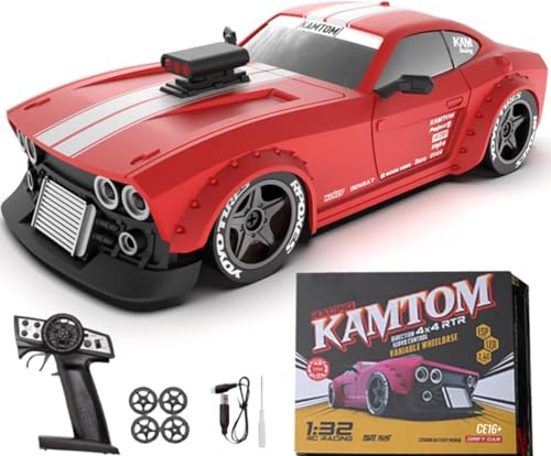 captainrc RC Drift Car 1/32 Scale High-Speed 4WD Mini Electric Remote Control Car, 30 km/h with Gyro Stabilization and LED Lights, Suitable for Adults (KM3299-Red)