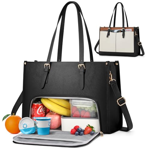 RAINSMORE Laptoptasche Damen mit Isoliertem Lunchfach 15,6 Zoll Handtasche Damen Groß PU Leder Arbeitstasche Aktentasche Wasserdicht Schultertasche für Arbeit Schule