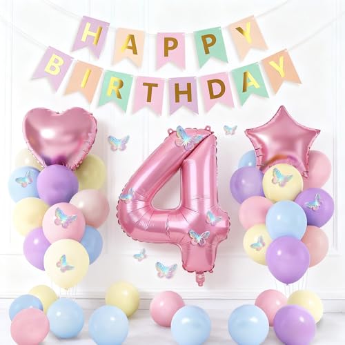 Canitor 4th Birthday Decorations for Girl 4 Year Old Princess,16pcs 12 Inch Pastel Balloons,Happy Birthday Banner,Number 3 Balloon,3d Butterflies Stickers,18 Inch Star Heart Balloons - Image 5