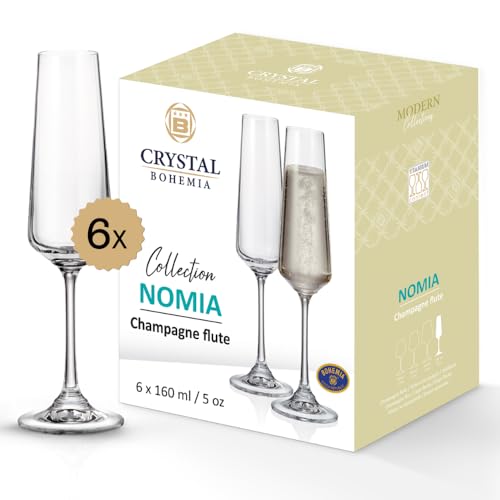 Crystal Bohemia Champagnergläser - 6er Set, je 160 ml, spülmaschinenfest, stoßfest & elegant - Klassische Kristallgläser auch für Sekt & Prosecco - Ideal für Partys, Empfänge & als Geschenk