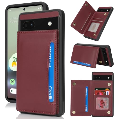 Coque portefeuille pour Google Pixel 6a rouge vin anti-rayures protégeant écran et cartes bleues