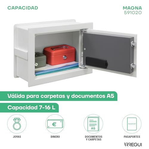 ARREGUI Magna 591020 Einbautresor mit Code und Schlüssel, doppelte Sicherheit mit ausziehbarem Boden für Geld, elektronischer Wandsafe für Zuhause oder Büro, 26 x 36 x 15-25 cm, 14-23 l
