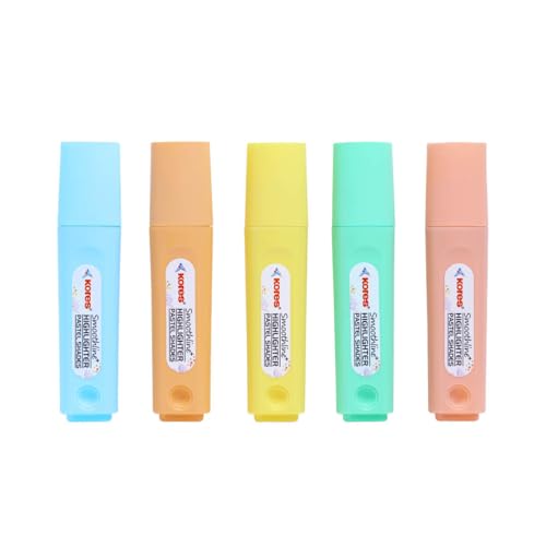 Image of Kores Smoothline+ Pastel Highlighter Pens | Assorted Soft Pastel Shades | Chisel Tip for Broad & Fine Highlighting | Quick-Drying, Smudge-Proof Ink | Office, School & Study Essentials | Pack of 5