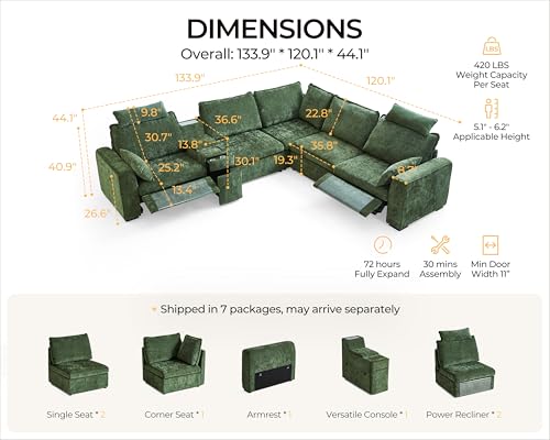 Image of Oversized Modular Sectional Sofa with Double Power Recliner, Cloud Reclining Couch with Headrest, Storage Drawer Charging Cup Holders, Deep L-Shaped 6 Seater with Corner, Chenille, Green