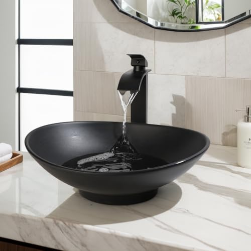Lonuebu Black Oval Vessel Bathroom Sink - 16x14 Stone Resin Countertop Basin with Pop-Up Drain Modern Bathroom Vanity Sink for Home & Commercial(No Faucet)