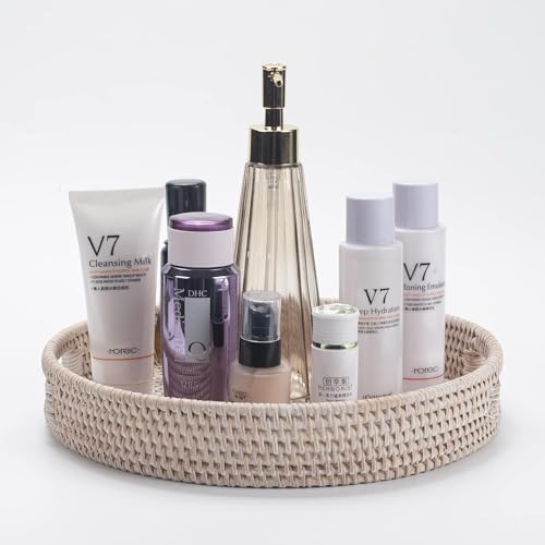 30cm Round Rattan Tray, Woven Serving Tray with Cut - Out Handles, Wicker Serving Basket by YANGQIHOME, Whitewash - Image 3
