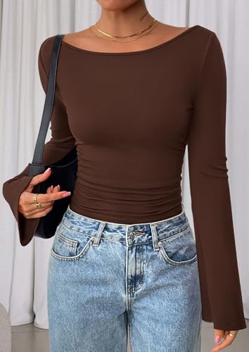 Image of PRETTYGARDEN Women Long Sleeve Shirt 2025 Crop Casual Boat Neck Bell Sleeve Ribbed Ruched Y2K Clothing